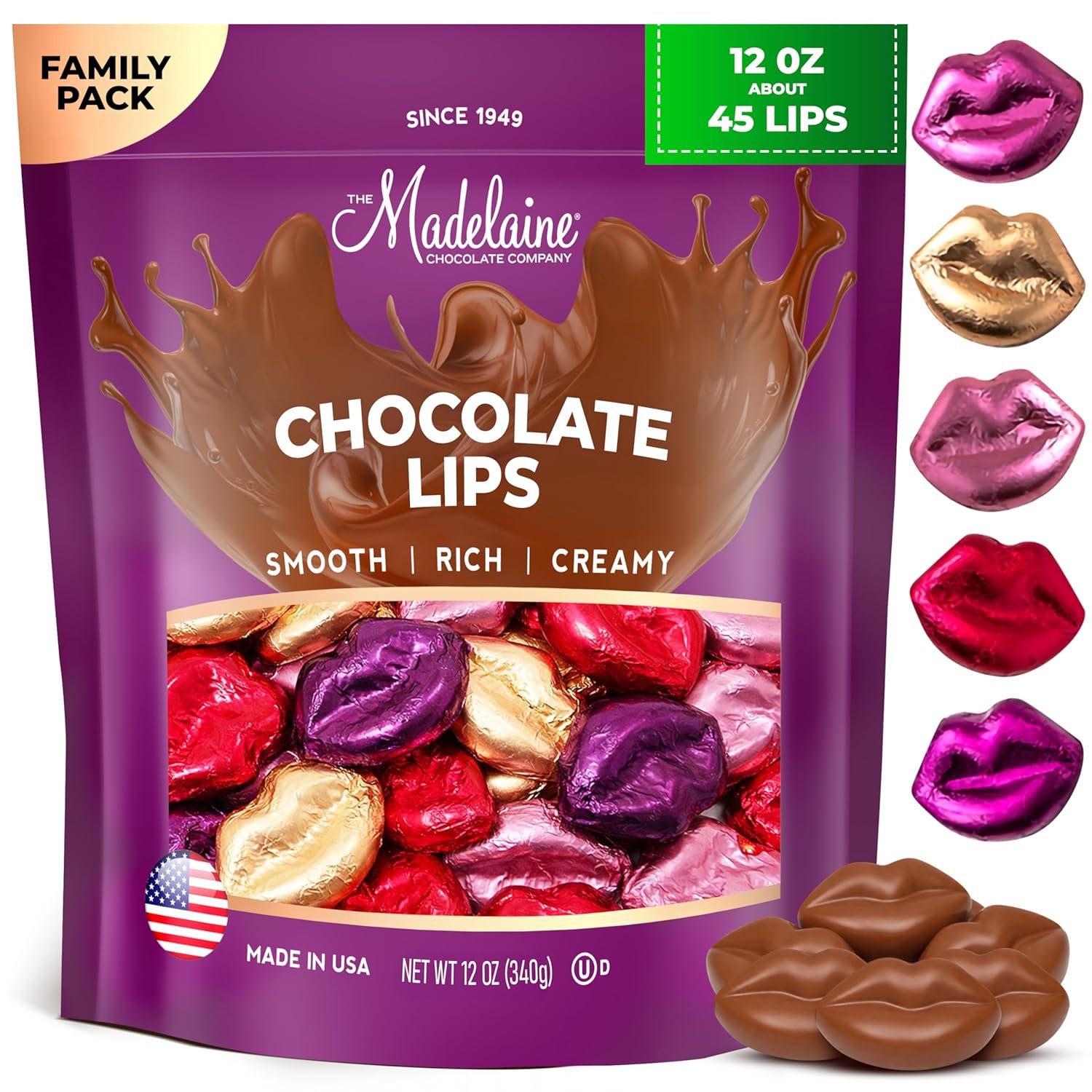 Madelaine Milk Chocolate Lips Candy - Individually Wrapped Valentine’s Day Chocolate Treats, Bulk Valentines Candy for Kids Classroom, Gifts for Him & Her, 12 Oz