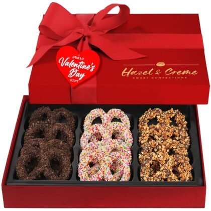 Valentine’s Day Chocolate Pretzel Gift Basket – Dark Chocolate Covered Pretzels in Elegant Gift Box – Gourmet Kosher Gift for Him or Her, Birthdays, Anniversaries & Corporate Gifting