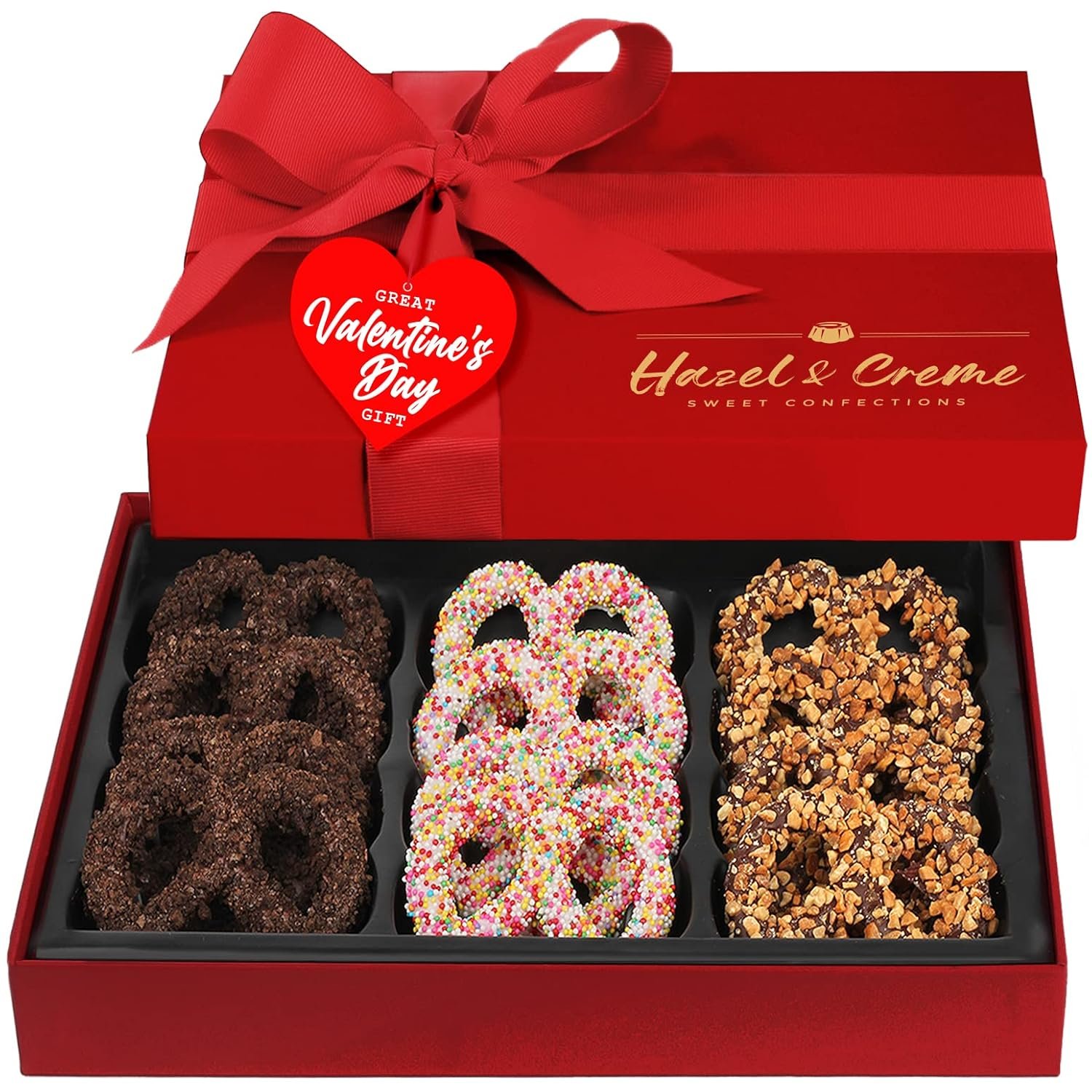 Valentine’s Day Chocolate Pretzel Gift Basket – Dark Chocolate Covered Pretzels in Elegant Gift Box – Gourmet Kosher Gift for Him or Her, Birthdays, Anniversaries & Corporate Gifting
