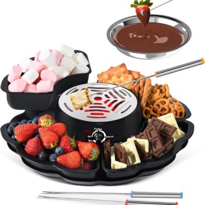 2 in 1 Electric S’mores Maker & Fondue Pot, Tabletop Indoor Smores kit with 4 Roasting Forks, 4 Detachable Trays & 1 Flameless Temperature-controlled Heater, Movie Night Supplies & Housewarming Gifts