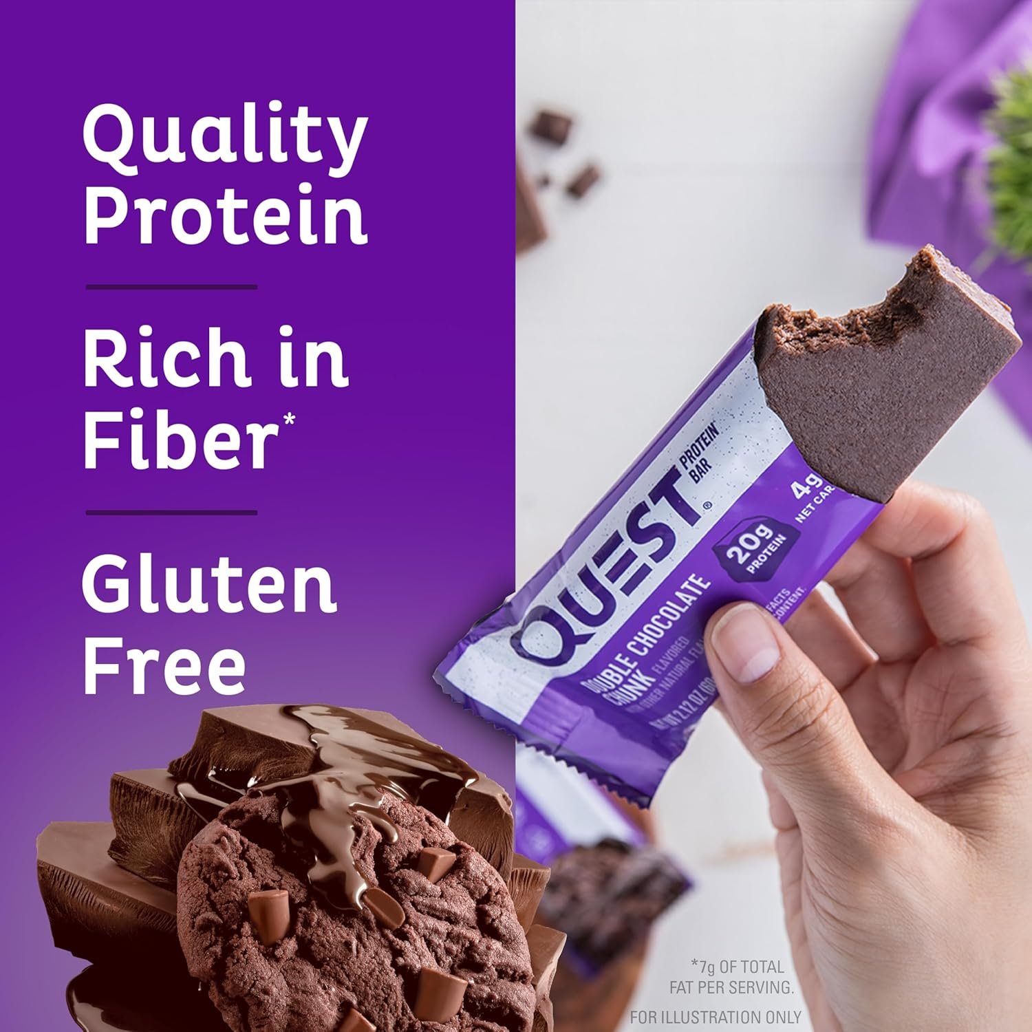Quest Nutrition Double Chocolate Chunk Protein Bars, 20g Protein Bars, 1g Sugar, 4g Net Carb, Gluten Free, Keto Friendly, 4 Count - Image 3