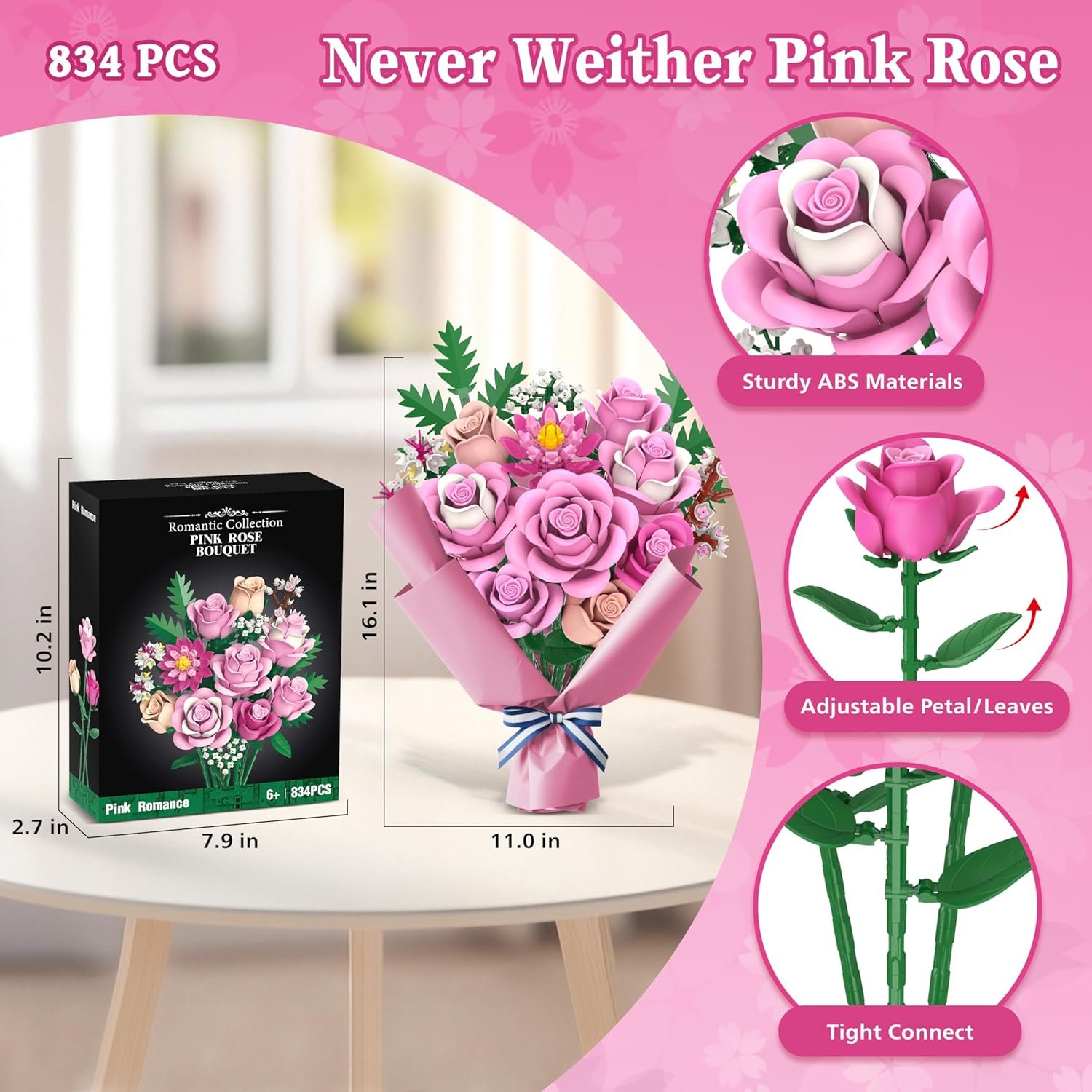 Pink Rose Bouquet Flowers Building Set, 834Pcs Roses Artificial Flowers Botanical Collection Compatible with Lego Flowers for Adults Valentines Day Gifts for Her Women Wife Girlfriend Mom - Image 4