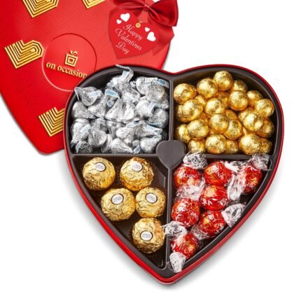 On Occasion Heart Chocolate Gift Box – Assorted Luxury Milk Chocolates in Red Tin – Gourmet Valentine’s Day Candy for Couples, Her, or Him – Chocolate Gift Basket for Loved Ones (50 Count)