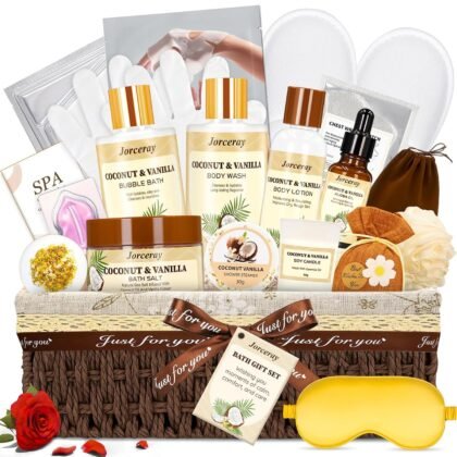 22PCS Valentines Day Spa Gift Baskets for Women, Luxury Bath and Body Gift Basket Set for Women Coconut Vanilla Spa Kit Relaxing Spa Self Care Gift for Her Wife Lover Mom Sister Friend