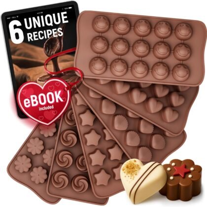 Chocolate Moulds Silicone - Set of 6 - Non-Stick & Food Grade Silicone Chocolate Mould for Jelly Candies, Truffles, Bath Melts & Candles - Free Recipes eBook - Gift-Ready for St.Valentine