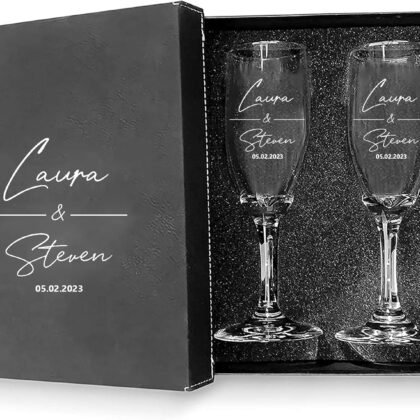 Champagne Flutes, Set of 2 Personalized Glasses with Box, 8 oz, Engraved Wedding Toasting Flutes
