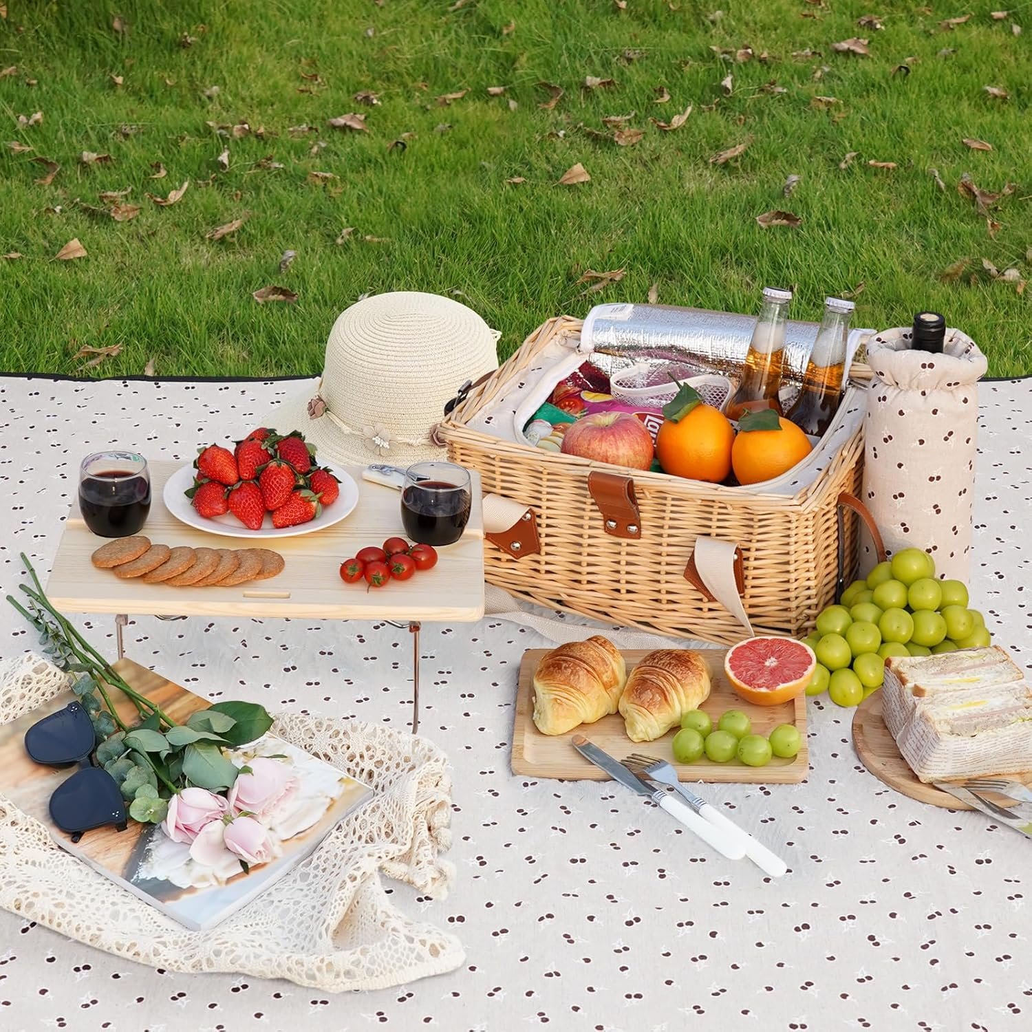 HappyPicnic Picnic Basket for 2, Handmade Wicker Picnic Set with Folding Table and Waterproof Blanket, Large Insulated Picnic Basket with Wine Bag & Cutlery Kit for Picnic, Camping, Holidays (Flower) - Image 2