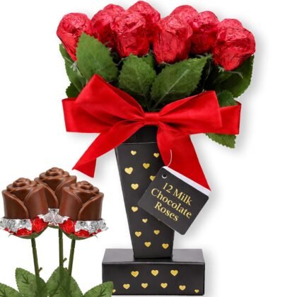 Valentine's Day Chocolate Roses Gift Box, A Dozen Belgian Milk Chocolate Roses in Red Foils, Individually Wrapped Valentines Chocolate Candy Food Gift, Edible Flower Bouquet Gift Basket for Her