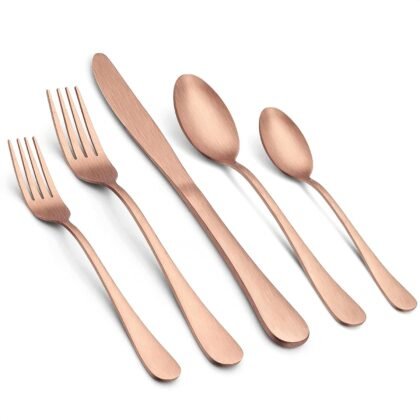 LIANYU 40 Piece Matte Copper Silverware Set, Stainless Steel Rose Gold Flatware Cutlery Set for 8, Fancy Kitchen Utensil Tableware for Home Restaurant Party, Satin Finish, Dishwasher Safe