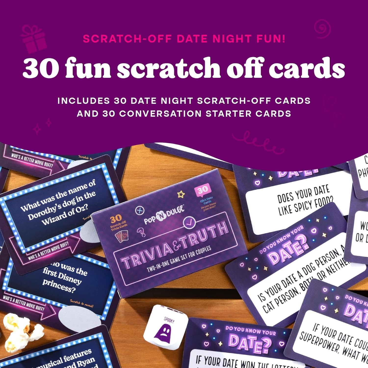 Date Night Scratch Off Cards Movie Popcorn Gift Set, Best Couples Gift Ideas, 30 Date Night Scratch Off Cards, Movie Night Dice Game, Popcorn Kernels & Gourmet Seasoning, Valentines Gifts for Her Him - Image 8