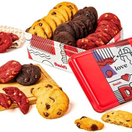 David's Cookies Mini Cookie Sampler in Love Tin, 14 oz Fresh Baked Assorted Bite Size Cookies, Chocolate Chip, Chocolate White Chip & Red Velvet, Gourmet Sweet Treat for Couples Friends