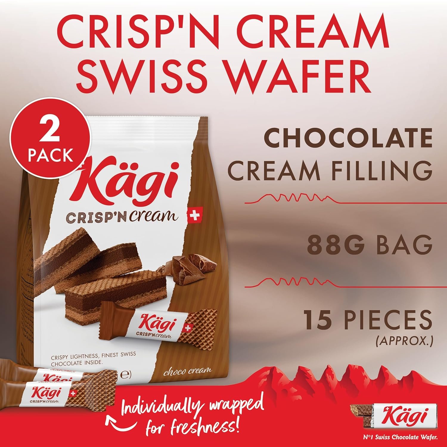 Swiss Milk Chocolate Mousse Filled Wafers by Kägi, Individually Wrapped Snacks, Chocolate Gift, Kägi Crisp'n Cream, Choco Cream, 2-Pack, 88g Bags - Image 3