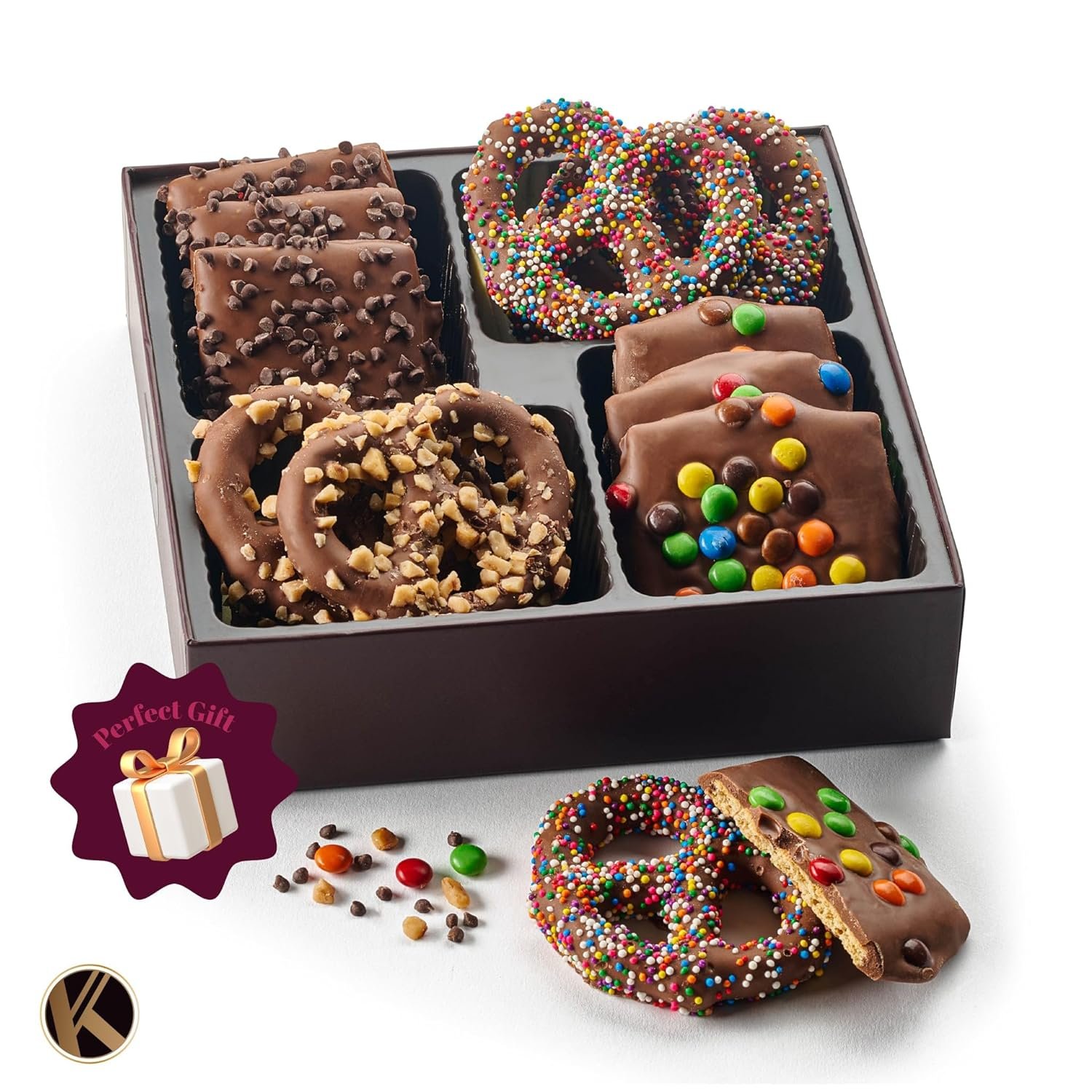 KREMERY Creamy Chocolate Cravings - Purim Mishloach Manot Chocolate Covered Pretzel Twists & Grahams Cookies Gift Basket with Candied Toppings (12 Count) Ramadan Gifts Sweets Treats in Gift Box Kosher - Image 5