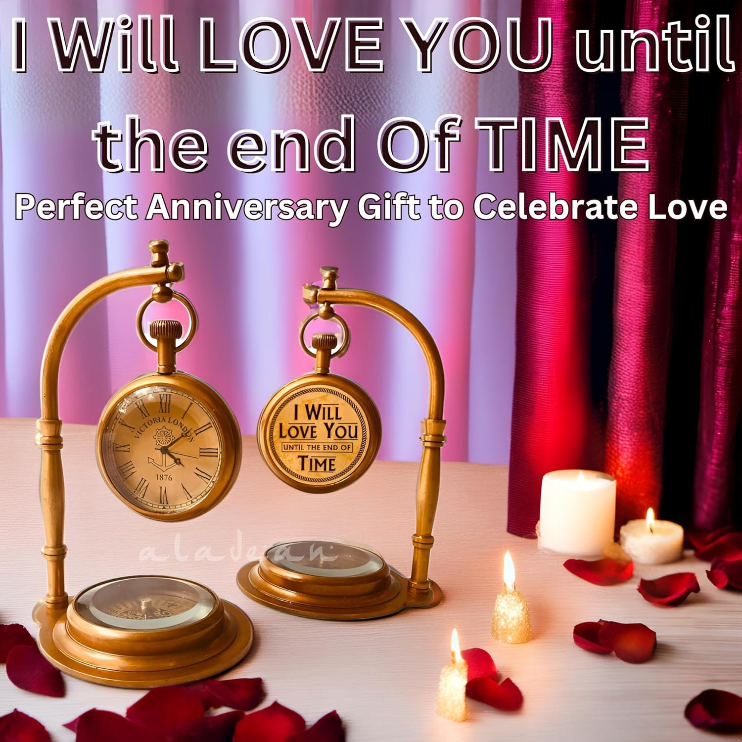 ALADEAN Brass Table Clock with Compass | Romantic Desk Clock - Decorative Vintage Mechanical Clock Lovers Boyfriend/Husband Birthday/Wedding Gifts (Love You) - Image 6