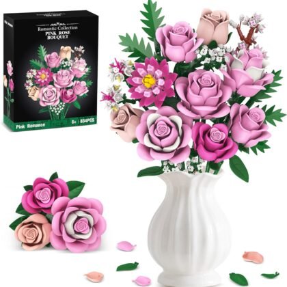 Pink Rose Bouquet Flowers Building Set, 834Pcs Roses Artificial Flowers Botanical Collection Compatible with Lego Flowers for Adults Valentines Day Gifts for Her Women Wife Girlfriend Mom