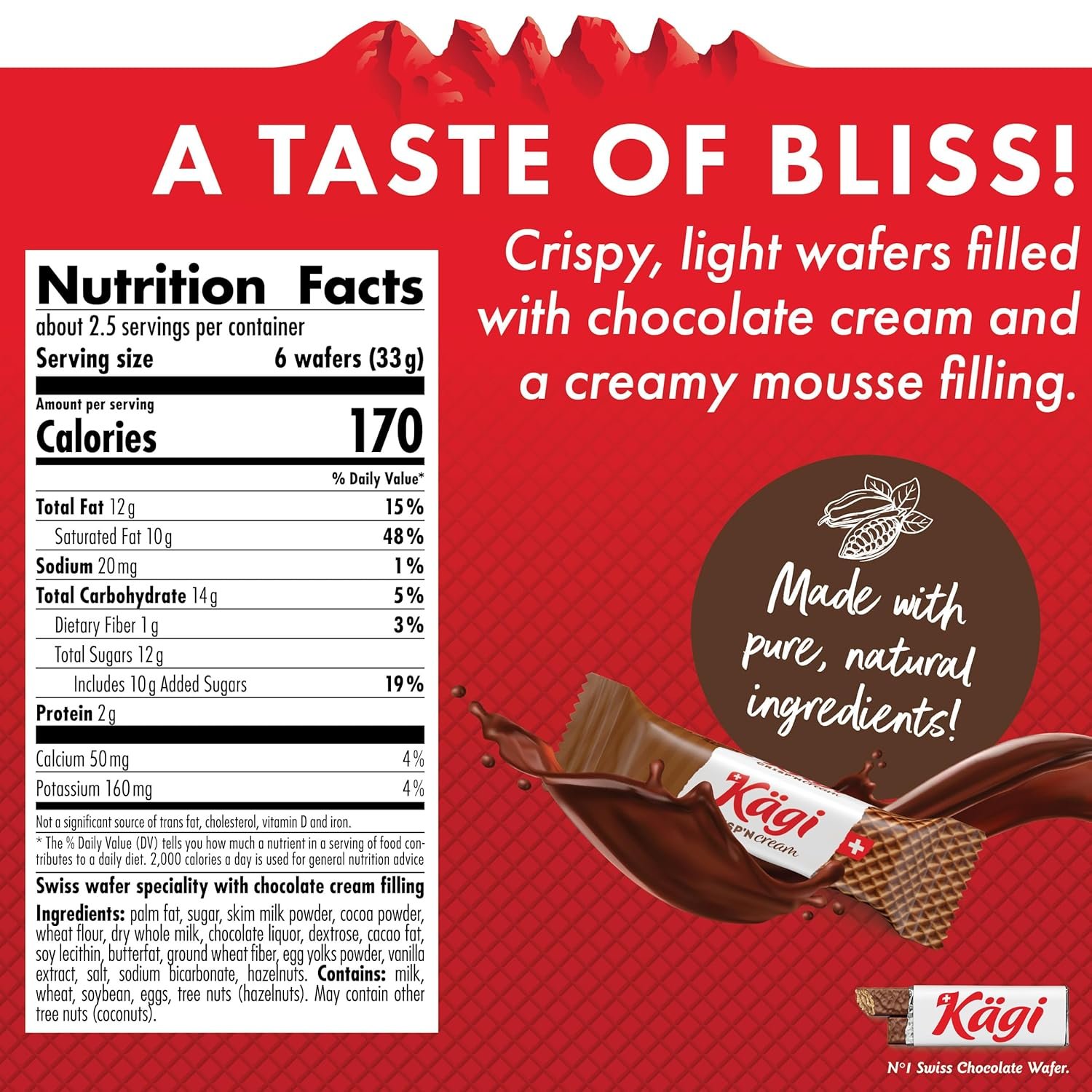 Swiss Milk Chocolate Mousse Filled Wafers by Kägi, Individually Wrapped Snacks, Chocolate Gift, Kägi Crisp'n Cream, Choco Cream, 2-Pack, 88g Bags - Image 2