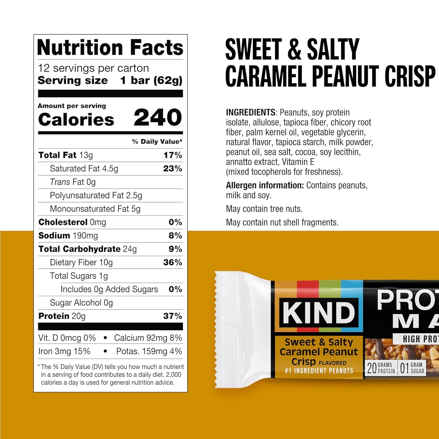 KIND Protein MAX Sweet & Salty Caramel Peanut Crisp Snack Bars, Keto Friendly, 20g Protein, 12 Count - Image 2