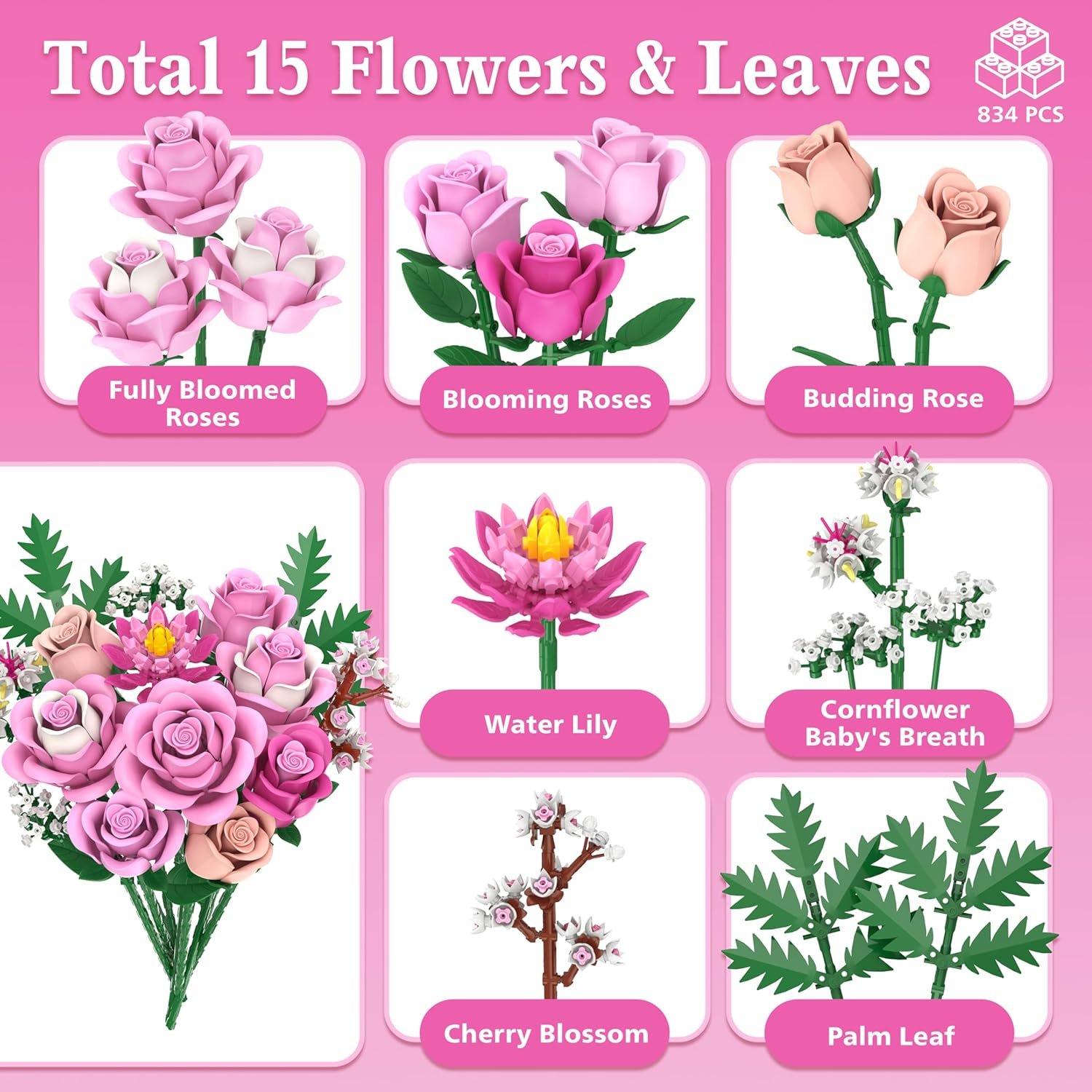 Pink Rose Bouquet Flowers Building Set, 834Pcs Roses Artificial Flowers Botanical Collection Compatible with Lego Flowers for Adults Valentines Day Gifts for Her Women Wife Girlfriend Mom - Image 2
