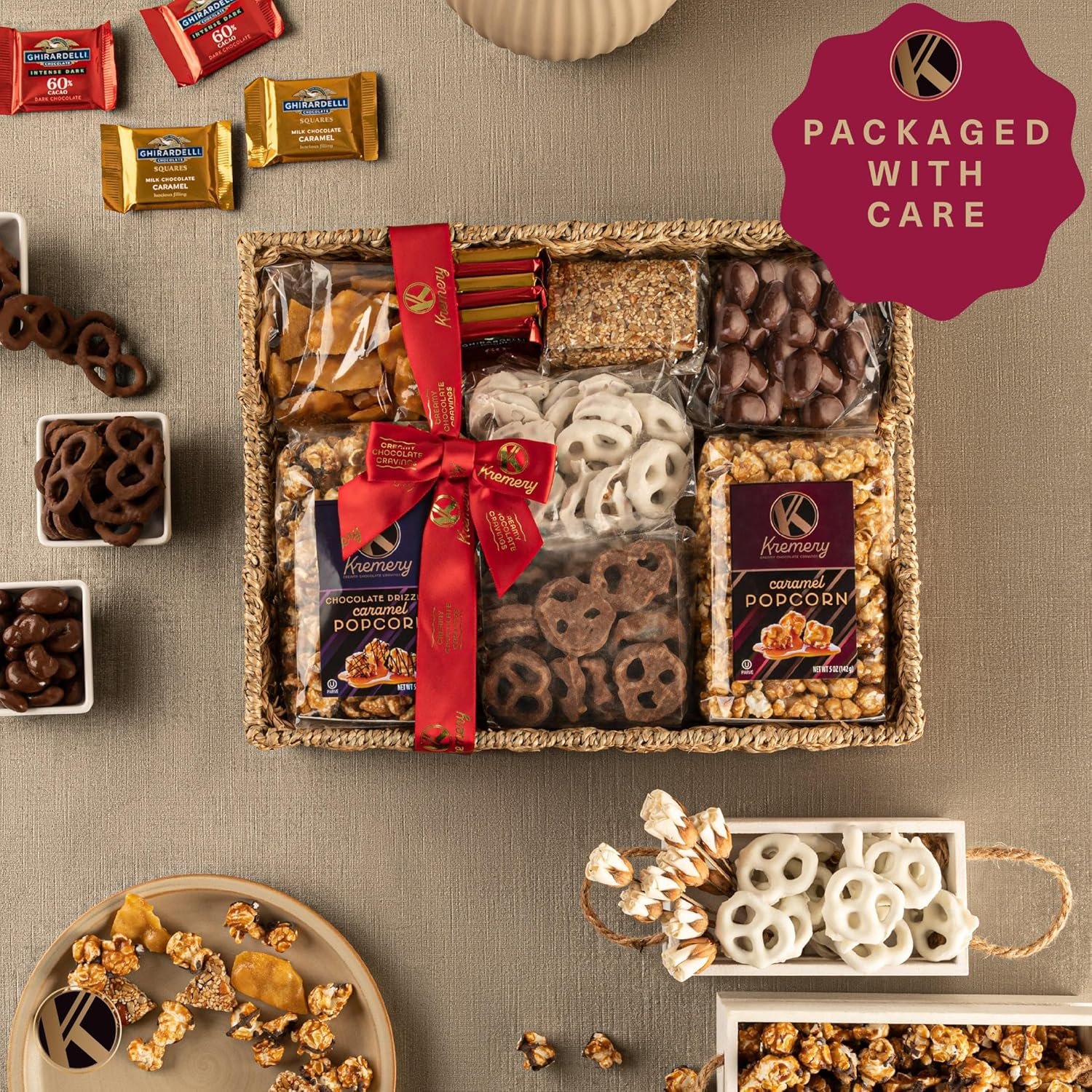 KREMERY Creamy Chocolate Cravings Valentines Day Gift Basket - Chocolate Covered Pretzels, Nuts, Candy & Caramel Popcorn (Deluxe, 3.5 lbs) Sweet Treats Arrangement in Seagrass Tray with Ribbon Kosher - Image 5
