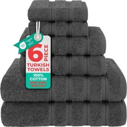 American Soft Linen Luxury 6 Piece Towel Set, 2 Bath Towels 2 Hand Towel 2 Washcloths, 600 GSM 100% Cotton Turkish Towels for Bathroom, Dark Gray Towel Sets