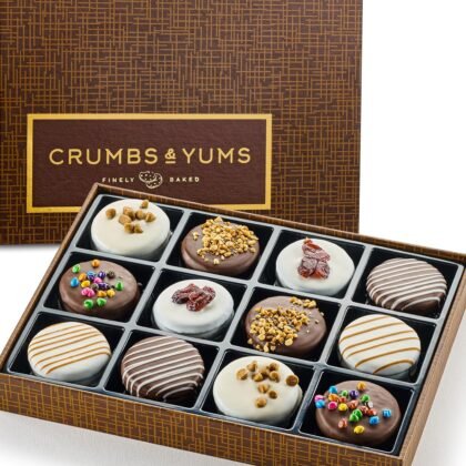 Holiday Cookies Gift Basket - 12 Gourmet Chocolate Covered Sandwich Cookies with Assorted Toppings - Food Gift Box for Him, Husband, Fathers Day, Mothers Day, Family, Men & Women.