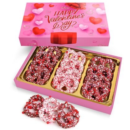 Valentine’s Day Chocolate-Covered Pretzels – 12 Gourmet Assorted Pretzels in Valentine Gift Box – Great Gift for Women