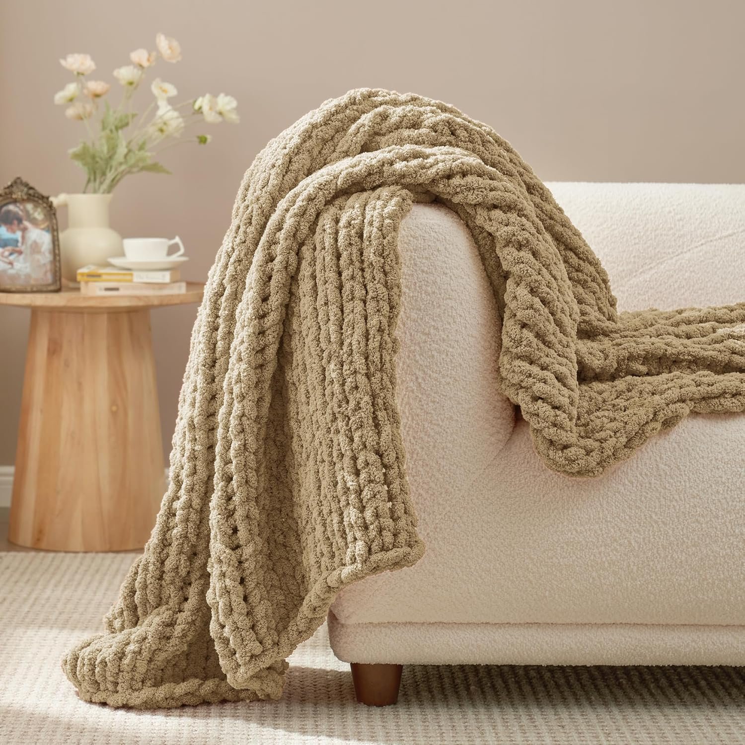 Amélie Home Chunky Knit Throw Blanket for Couch, Soft Chenille Crochet Blanket for Sofa, 50"x60", Beige - Image 2
