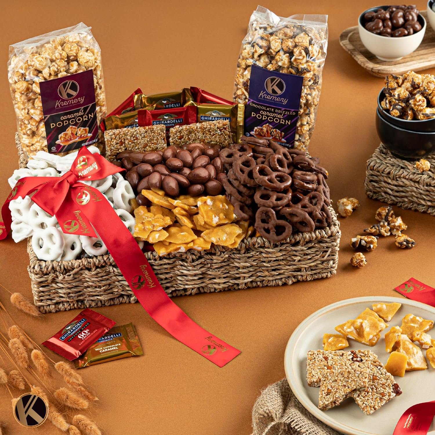 KREMERY Creamy Chocolate Cravings Valentines Day Gift Basket - Chocolate Covered Pretzels, Nuts, Candy & Caramel Popcorn (Deluxe, 3.5 lbs) Sweet Treats Arrangement in Seagrass Tray with Ribbon Kosher - Image 3