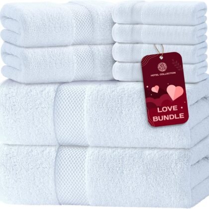 Luxury White Bath Towel Set of 8 Pieces - 100% Turkish Cotton 700 GSM Highly Absorbent Towels for Bathroom, 2 Bath Towels, 2 Hand Towels, 4 Washcloths