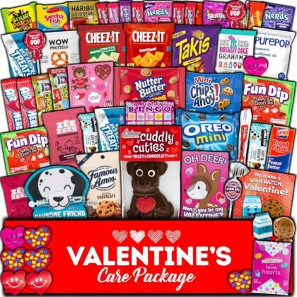 Valentine's Day Gift Care Package (50ct) Snacks Chocolates Candy Box Assortment Variety Bundle Present Kids Adults Boy Girl Guy Friend College Husband Wife Boyfriend Girlfriend Love