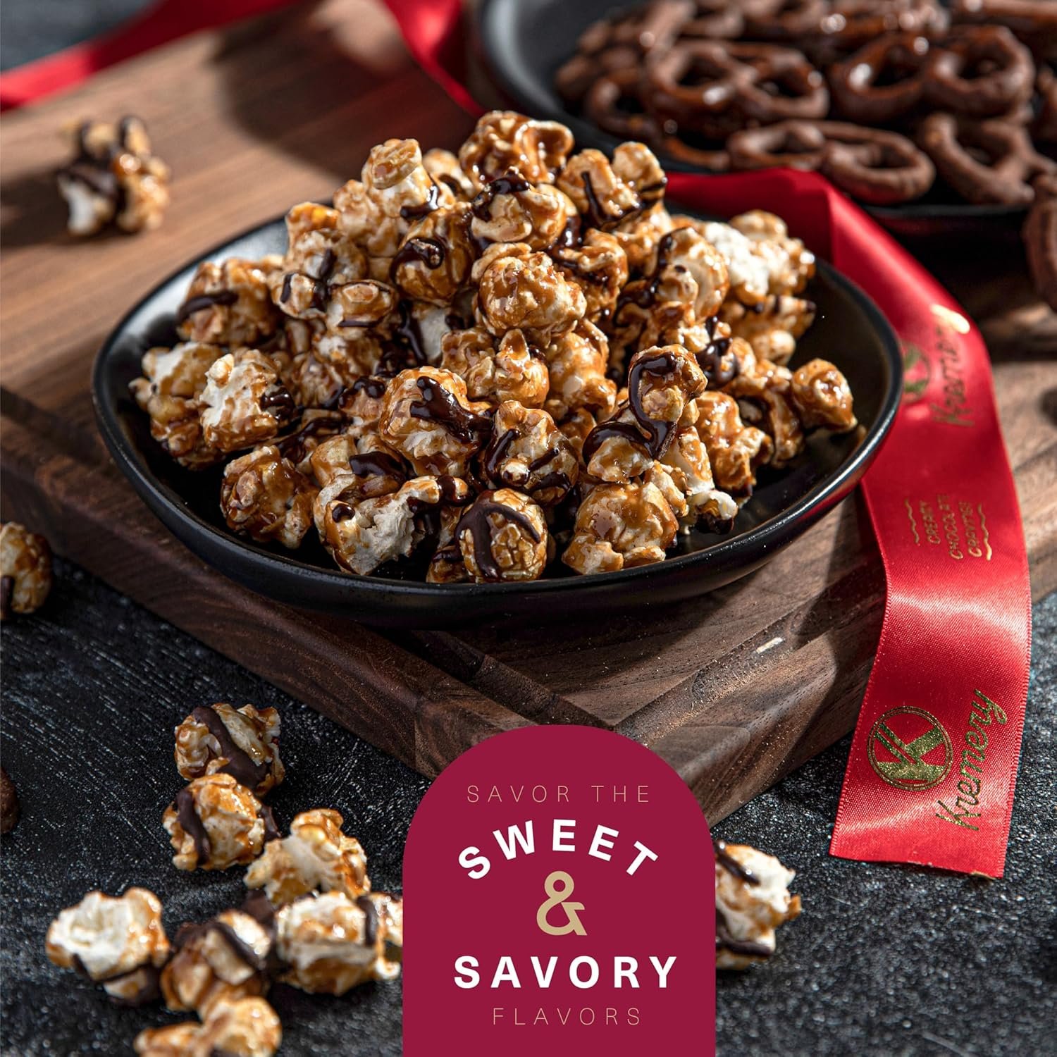 KREMERY Creamy Chocolate Cravings Valentines Day Gift Basket - Chocolate Covered Pretzels, Nuts, Candy & Caramel Popcorn (Deluxe, 3.5 lbs) Sweet Treats Arrangement in Seagrass Tray with Ribbon Kosher - Image 6