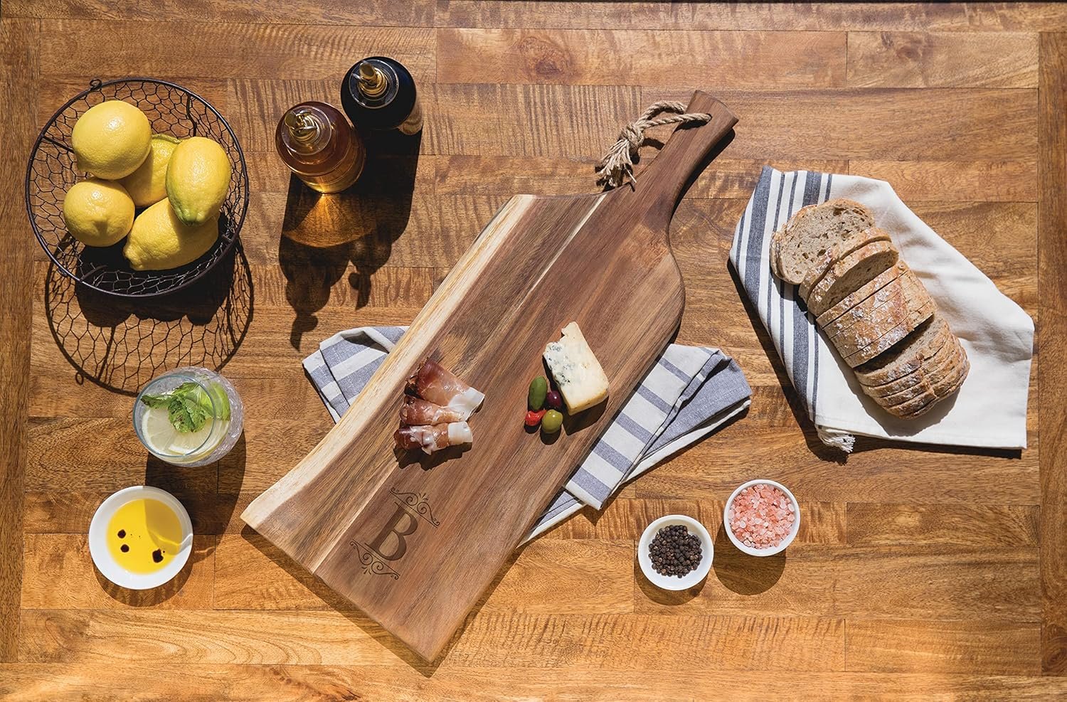 PICNIC TIME Monogram - B - Personalized Artisan 24" Acacia Charcuterie Board with Raw Wood Edge, Cheese Board, Serving Platter, (Acacia Wood) - Image 3