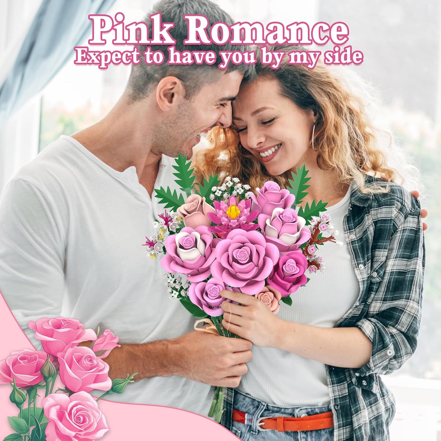 Pink Rose Bouquet Flowers Building Set, 834Pcs Roses Artificial Flowers Botanical Collection Compatible with Lego Flowers for Adults Valentines Day Gifts for Her Women Wife Girlfriend Mom - Image 5