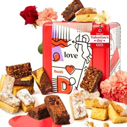 David's Cookies Valentine's Day Brownies & Crumb Cake Tin Gift Basket 16pcs - Delicious, Assorted Fresh Baked Snacks, Gourmet Chocolate Fudge Slices, Brownies, Ideal Valentines Gifts for Her Him Kids