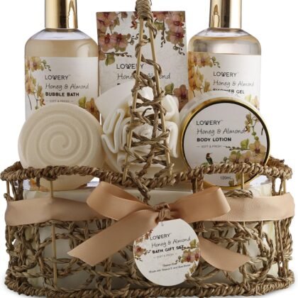 Womens Gifts, Gift Baskets for Women Who Have Everything, Home Spa Honey & Almond Scent, Luxury Bath & Body Set - Shower Gel, Bubble Bath, Body Lotion, Salts, Bath Bomb, Bath Puff & Handmade Basket