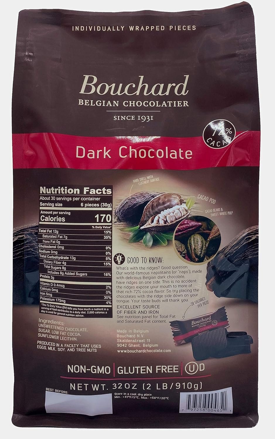 Bouchard Premium Belgian Dark Chocolate with 72% Cacao | Individually Wrapped Pieces (2 LB) - Image 3