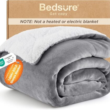 Bedsure GentleSoft Sherpa Fleece Throw Blanket for Couch, Non-Heated, Thick & Warm Christmas Cozy Blanket for Winter, Soft Fuzzy Plush Throw Gifts for Women and Men, Grey, 50x60 Inches
