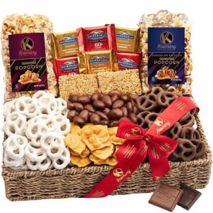 KREMERY Creamy Chocolate Cravings Valentines Day Gift Basket - Chocolate Covered Pretzels, Nuts, Candy & Caramel Popcorn (Deluxe, 3.5 lbs) Sweet Treats Arrangement in Seagrass Tray with Ribbon Kosher