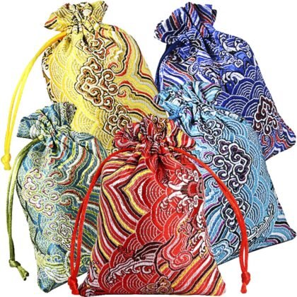PINOWU 10pcs Silk Brocade Jewelry Pouch Bag 4x5.5 for Wedding Party Favors, Drawstring Coin Purse Embroidered Sachet Candy Chocolate Bag for Christmas New Year Birthday Party (Thick)