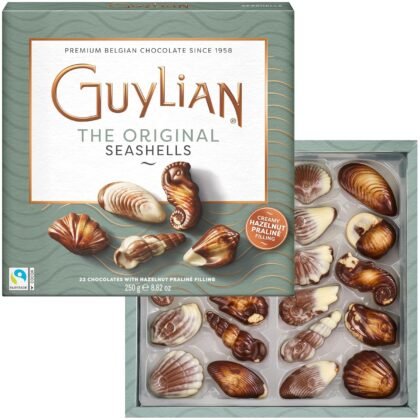 Valentines Day Chocolate Seashells, 8.82 oz, 22 pc Gourmet Hazelnut Praliné Truffles by GuyLian, Assorted White & Milk Chocolate Candy Gift Box for Her and Him, Belgian Chocolates