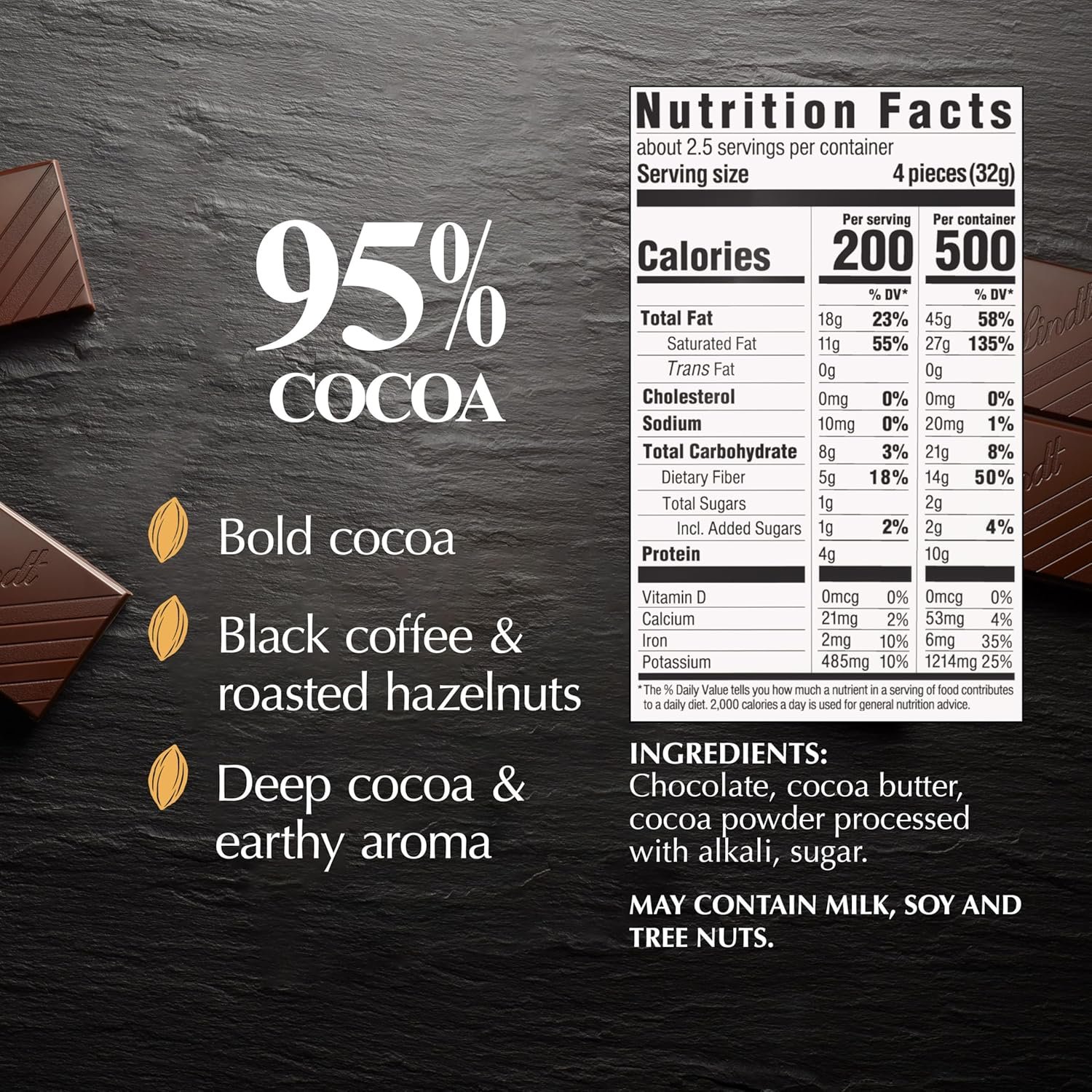 Lindt EXCELLENCE 95% Cocoa Dark Chocolate Bar, Dark Chocolate Candy, 2.8 oz. (12 Pack) - Image 2