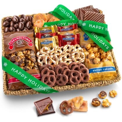 A Gift Inside Happy Holidays Chocolate Caramel and Crunch Grand Gift Basket