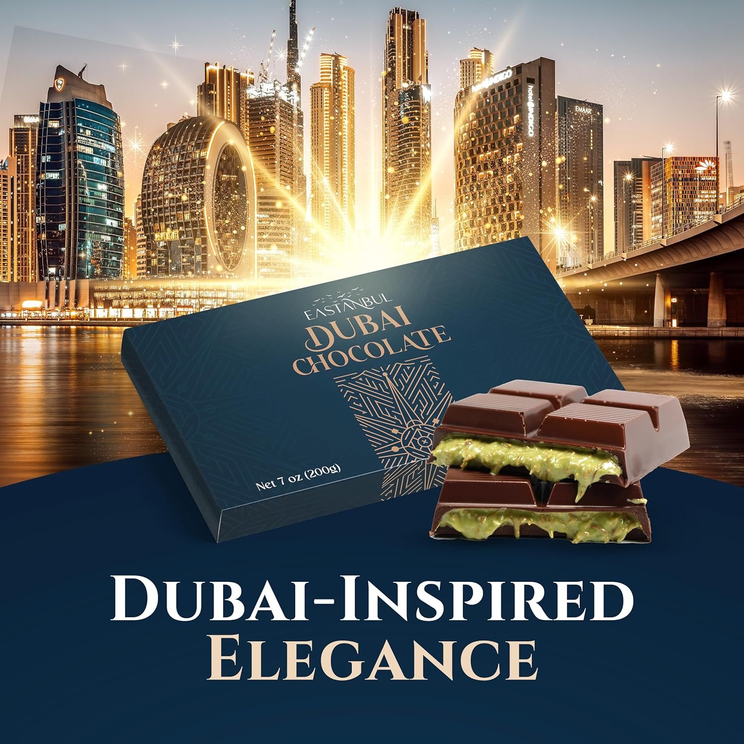 Eastanbul Dubai Dark Chocolate Bar Pistachio, 7oz, Premium Belgium Chocolate, Pistachio Dubai Bar, Viral Candy with Shredded Phyllo Dough, Knafeh, Gift Box - Image 5