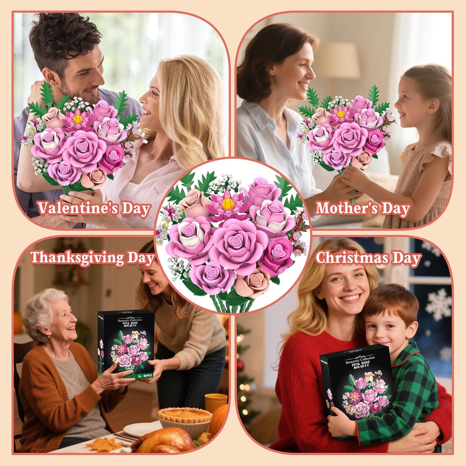 Pink Rose Bouquet Flowers Building Set, 834Pcs Roses Artificial Flowers Botanical Collection Compatible with Lego Flowers for Adults Valentines Day Gifts for Her Women Wife Girlfriend Mom - Image 7