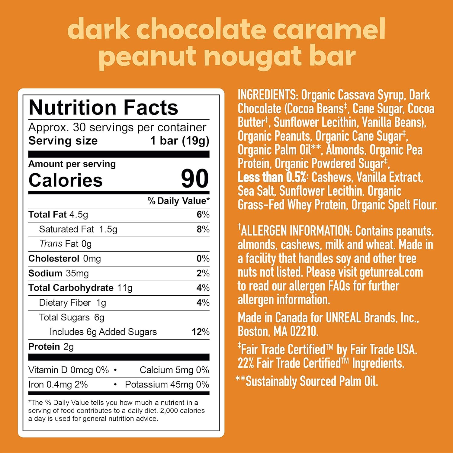 UNREAL Dark Chocolate Peanut Caramel Nougat Bars (30 Mini Bars) | 70% Organic Ingredients, Fair Trade, Non-GMO | No Corn Syrup, Sugar Alcohols, Soy | .67oz each - Image 2