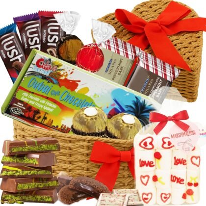Heart Shaped Chocolate Gift Basket (41 Count) - Gourmet Snack Box with Assorted Cookies & Marshmallows, Perfect Birthday, Anniversary or Thinking of You Gift for Her, Wife, Mom