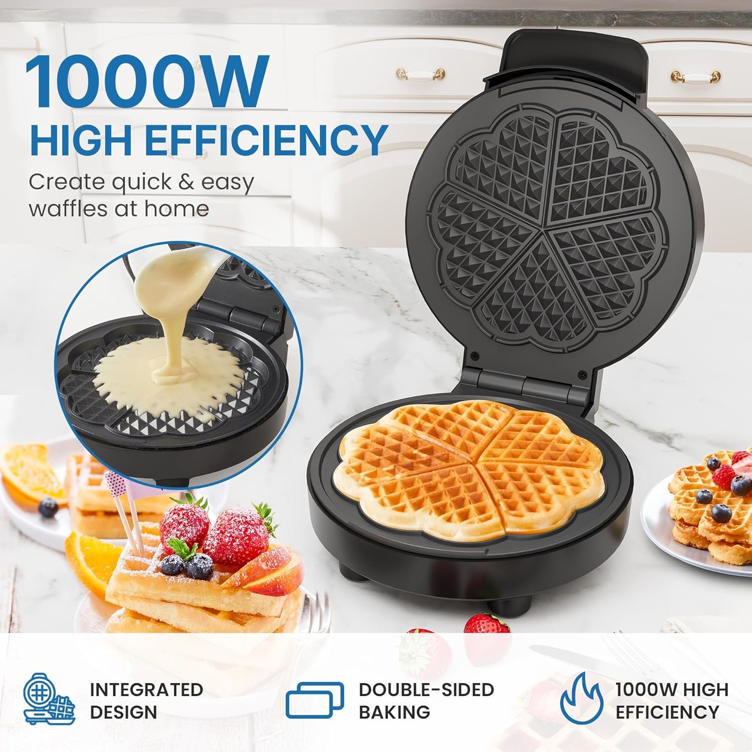 Heart Belgian Waffle Maker: Electric Waffle Machine with Adjustable Browning Control, Waffle Iron with Nonstick Plates Easy Cleanup, Breakfast Maker for Kids and Families, Stainless Steel - Image 2