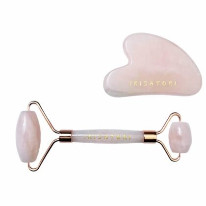 Rose Quartz Natural Stone Curved Facial Roller & Guasha Set - Jade Facial Massage and Face Sculpting Tool by Ikisatori (Rose Quartz)