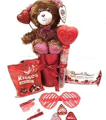 Cute Kiddy Valentine's Day Chocolate Candy Bouquet Gift Basket DIY~ Decorated Bouquet with Tan Chocolate Scented Bear Assorted Favors and Treats