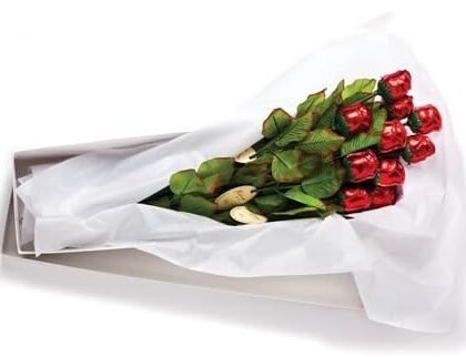 Long Stem Red Chocolate Roses Bouquet in a White Florist Box - One Dozen